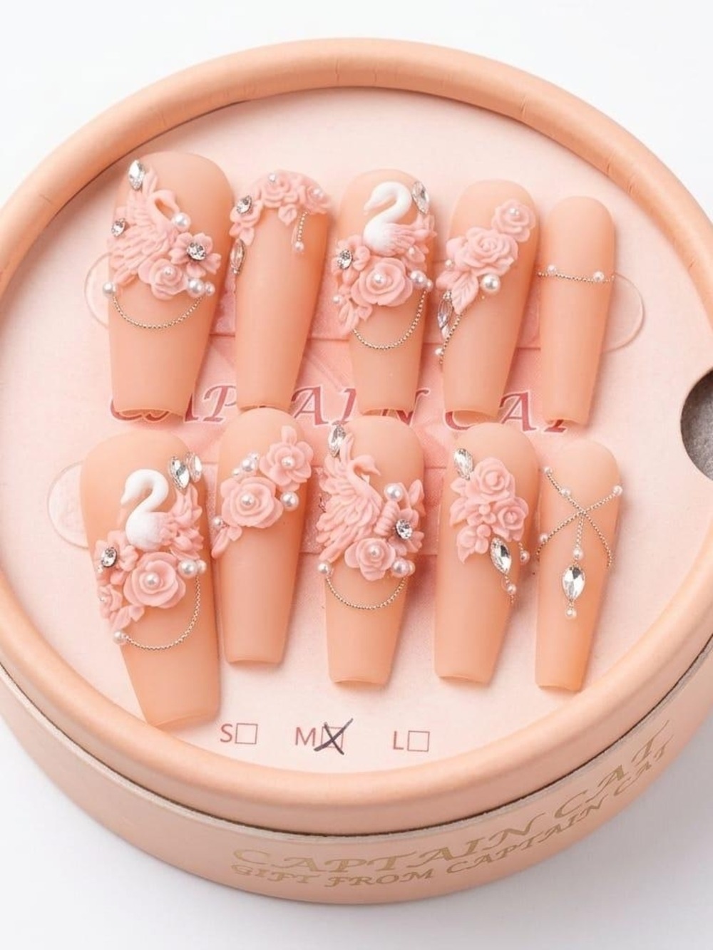 Peach 3D Floral Swan Press-On Nails - Women Makeup